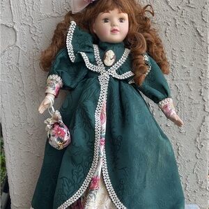 Classic Porcelain Doll in Deep Green Victorian Dress